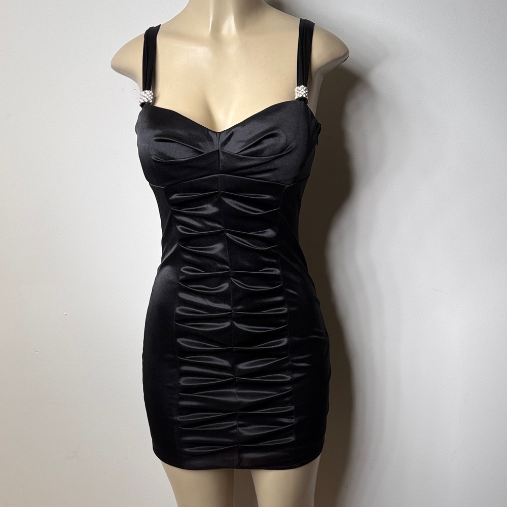 Black Satin Ruched Mini Dress with Crystal Strap Accents